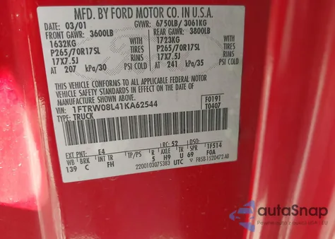 2001 Ford F-150 King Ranch Edition/Lariat/Xlt z USA, uszkodzony, nr VIN 1FTRW08L41KA62544